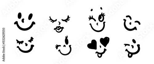 Set of handdrawn emoticons showcasing diverse expressions. Includes winking, heart eyes, and smiling faces. Simple black on white style. Fun and expressive.