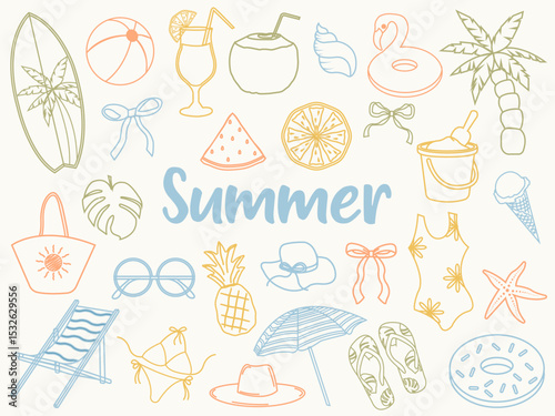 Hand drawn summer doodle illustrations. Surfboard, beach ball, tropical drink, coconut, bikini, pineapple, ice cream, watermelon, sun hat, flip flops, swimsuit. Cute beach holiday vector design.