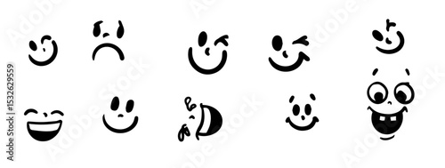 Various simple cartoon face expressions in black and white. Emoticons displaying different emotions including happiness, sadness, and surprise on white background.
