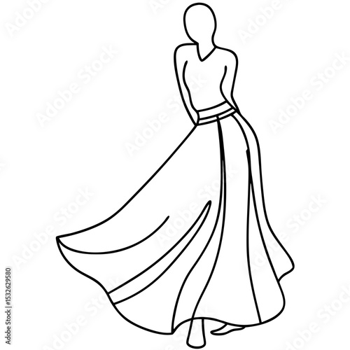 Woman in maxi skirt line art illustration. Elegant female figure wearing flowing long skirt.