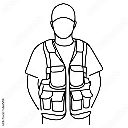 Person wearing utility vest, simple line art illustration.  Man in work vest with multiple pockets, perfect for design projects.