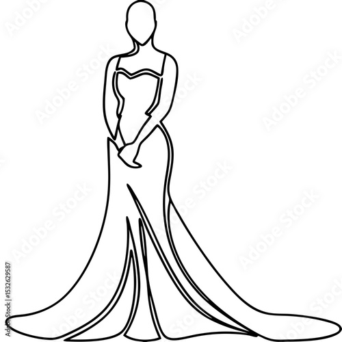 Elegant woman in satin gown line art illustration.  Person in evening dress, continuous line drawing.  Stylish outline woman in formal attire for fashion design, wedding invitation.