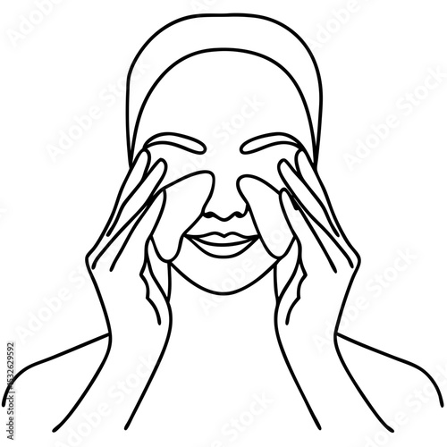 Woman applying under eye patches. Skincare routine includes using facial patches for dark circles. Simple line art illustration perfect for beauty blogs and cosmetic product packaging.