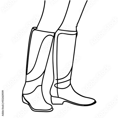 Stylish knee high boots line art illustration. Person wearing elegant tall boots, fashion footwear design.  Pair of knee-high boots perfect for fashion magazines and websites.