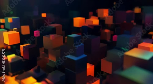 Dynamic 3D cubes shifting and blending into one another in continuous motion with changing light and color effects