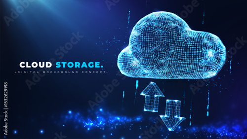 Cloud computing with arrows download and upload data on blue background. Cloud storage backup vector illustration design concept. Future technology backdrop element.