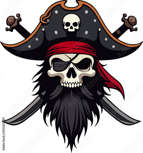 Bearded Pirate Skull with Eye Patch and Skull-Emblazoned Hat – Vector Illustration