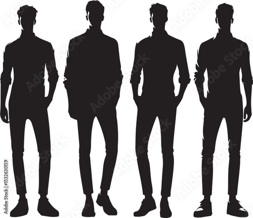 Vector silhouettes of people, including men, and business groups, illustrate a standing crowd