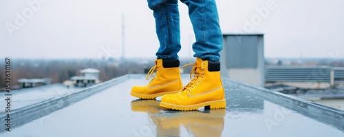 A person wearing bright yellow boots stands on a wet rooftop with a cityscape blurred in the background.