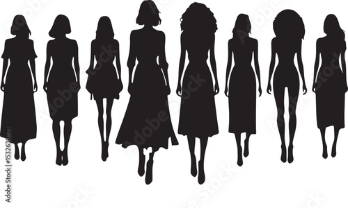 Black vector silhouettes of people: a woman, a man, and a group, illustrating fashion models in various poses