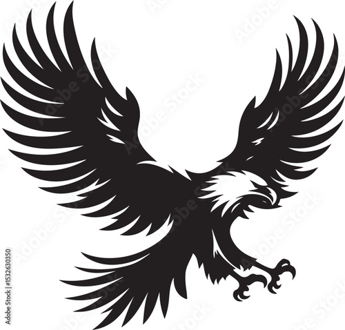 A powerful eagle vector silhouette with wings spread wide, showcasing its majestic flying form and intricate feather details, perfect as a symbol or tattoo design