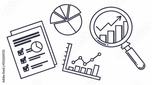 Illustration showing business reports with pie charts, bar graphs, magnifying glass and check marks icon