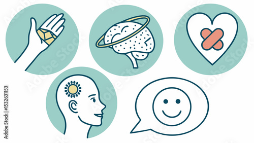 Illustration of a hand with fractured bones, brain with orbit, heart with bandage, head with sun, and smile