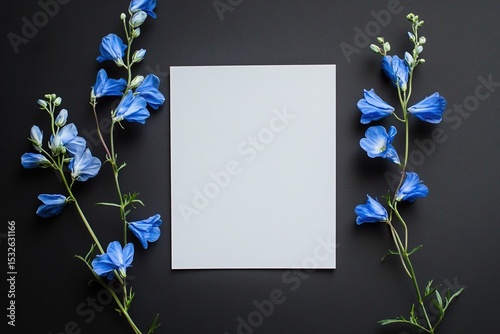 blank white card on a black background with blue delphinium flowers, flat lay, a mockup design, graphic designer's branding presentation template