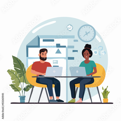Flat-style vector of diverse people working remotely on laptops with abstract background –modern business, teamwork, freelance concept.
