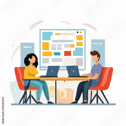 Flat-style vector of diverse people working remotely on laptops with abstract background –modern business, teamwork, freelance concept.

