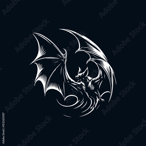 Menacing anatomical bat emblem with white bone structure and massive wings creating striking negative space contrast