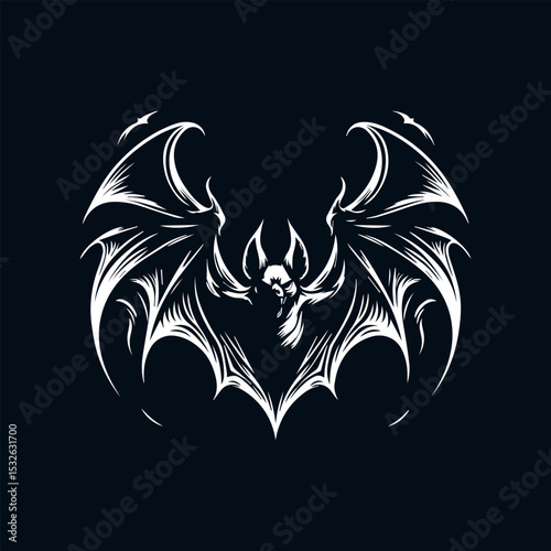 Menacing anatomical bat emblem with white bone structure and massive wings creating striking negative space contrast
