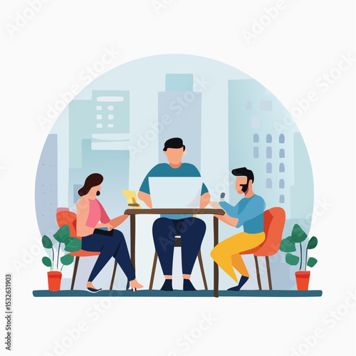 Flat-style vector of diverse people working remotely on laptops with abstract background –modern business, teamwork, freelance concept.
