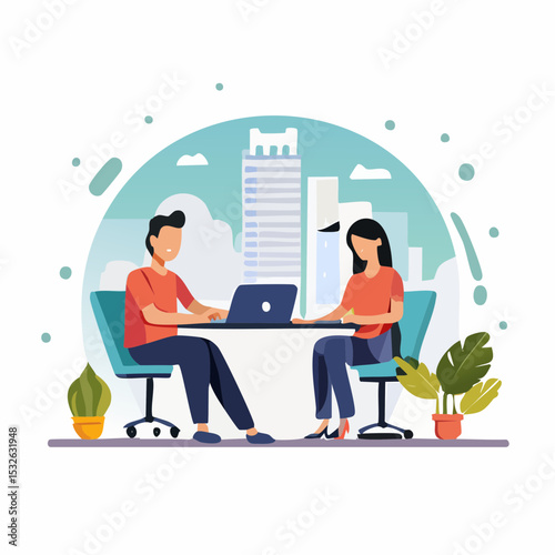 Flat-style vector of diverse people working remotely on laptops with abstract background –modern business, teamwork, freelance concept.
