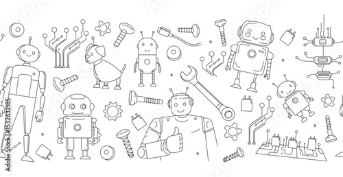 Seamless Doodle Pattern with Robots, Tools, and Microchips STEM and Engineering Theme
