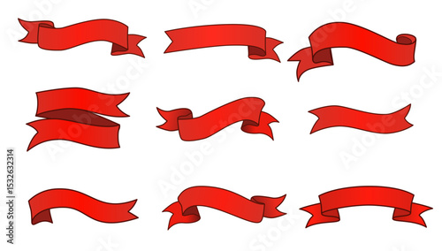 Nine red ribbon banners in various styles. Perfect for branding, advertising, web design, packaging, & promotional graphics. High-quality, scalable, versatile for digital/print