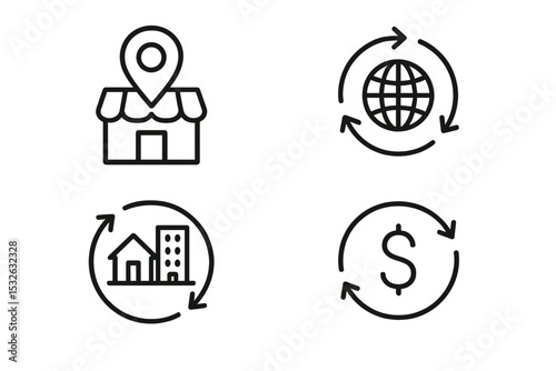 Icon set of global trade, real estate, finance, and local business vector icon illustration