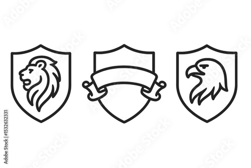 Lion and eagle emblems with blank banner on shields vector icon illustration