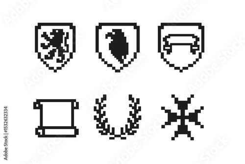 Pixel art medieval shields and symbols on gray background vector icon illustration