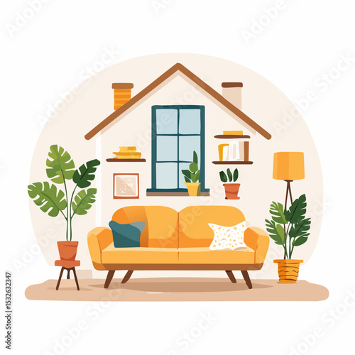 Cozy Living Room Interior Design Simple Home Ambiance with Plants and Yellow Sofa