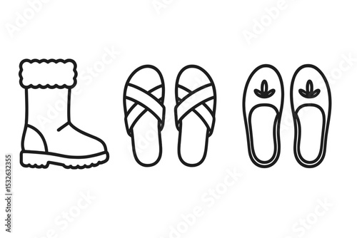 Outline icons of winter boots and sandals on dark background vector icon illustration