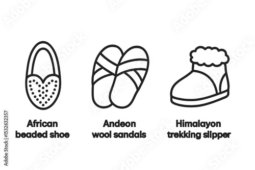 African beaded shoe, andean wool sandals, himalayan trekking slipper designs vector icon illustration