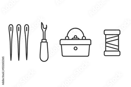 Sewing essentials: needles, seam ripper, basket, thread on gray background vector icon illustration
