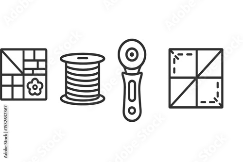 Quilting tools icons: patterns, thread, rotary cutter, and quilted patch vector icon illustration