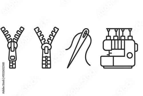 Sewing tools icons: zipper, needle, sewing machine on grey background vector icon illustration