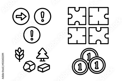 Board game symbols: arrows, exclamation marks, puzzle pieces, resources, coins vector icon illustration