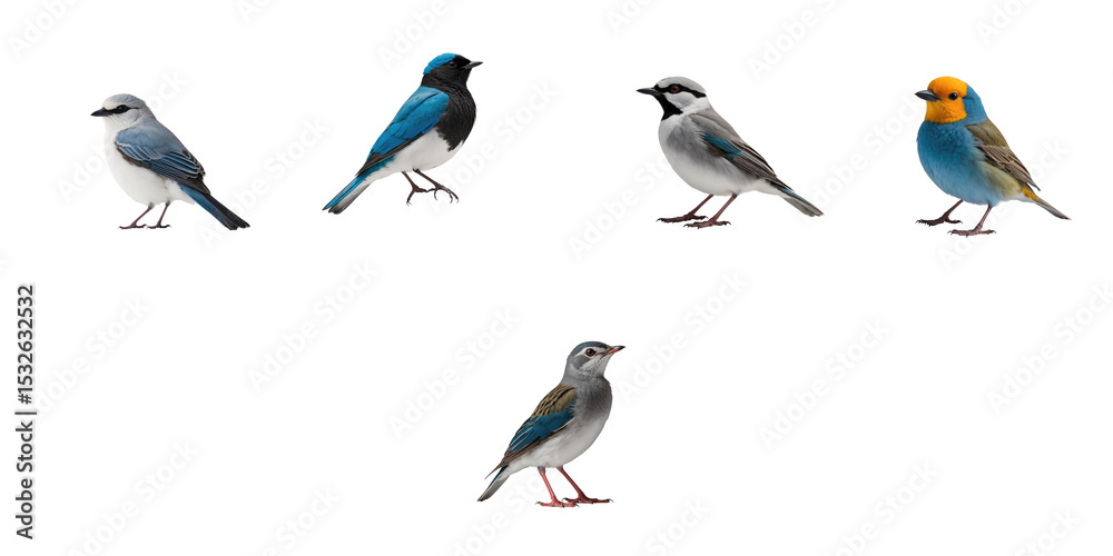 Obraz premium Five distinct bird species displayed on a transparent background featuring various colors and patterns, showcasing their unique shapes and characteristics in a studio quality image.