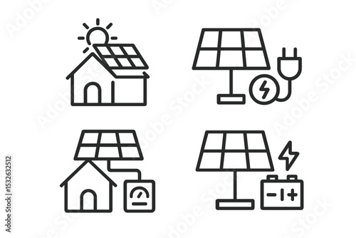 Solar energy icons on dark background: house, plug, battery, sun, solar panels vector icon illustration