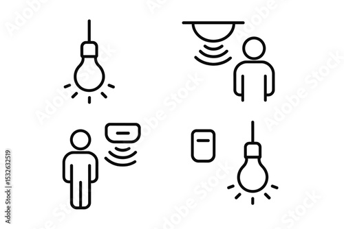 Smart home technology icons: light bulbs, sensors, and human figures vector icon illustration