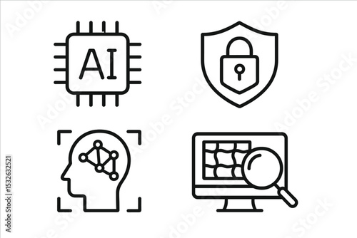 Artificial intelligence icons: ai chip, security, neural network, data analysis vector icon illustration