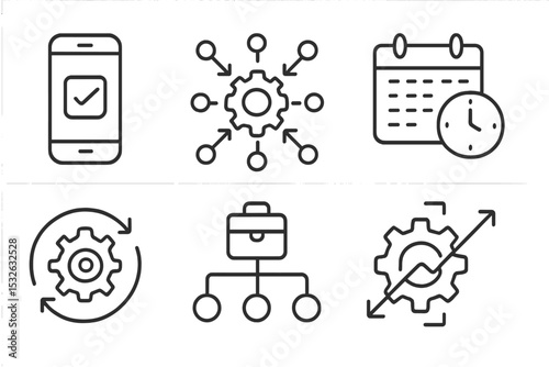 Black line icons on gray background: smartphone, agenda, gear, network diagram vector icon illustration