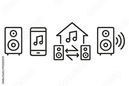 Audio network icons with speakers and smartphone on metallic background vector icon illustration