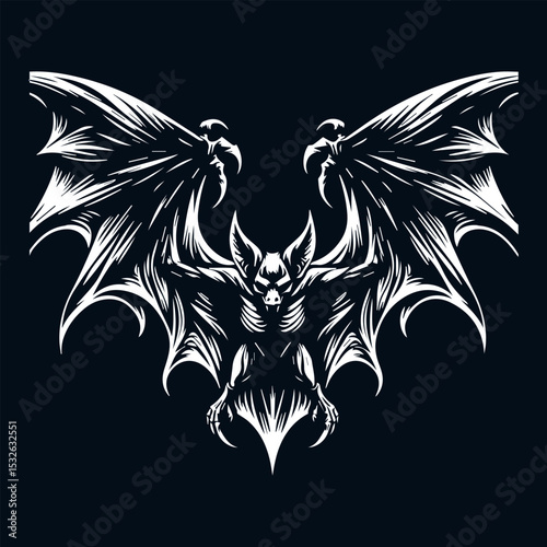 Eerie skeletal bat silhouette logo with intricate bone details and massive outstretched wings glowing against black background
