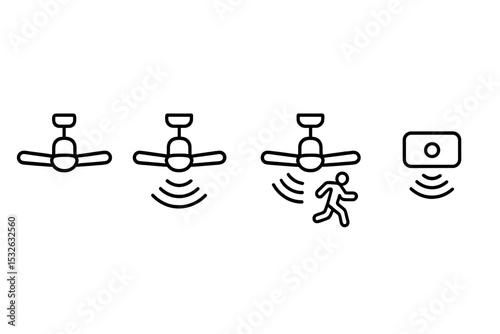 Smart ceiling fan with motion sensor and remote control icons vector icon illustration