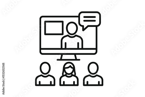 Virtual meeting symbol: simplistic black icon with participants and video call interface vector icon illustration