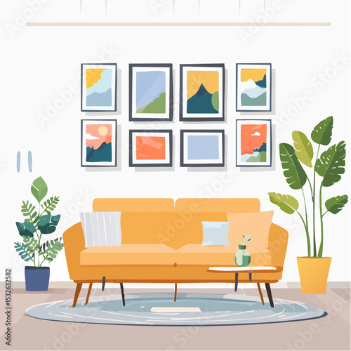 Living Room Gallery Wall Decor Modern Home Interior Design with Artwork and Plants