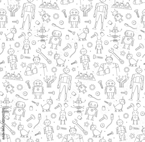 Seamless Doodle Pattern with Robots, Tools, and Microchips STEM and Engineering Theme