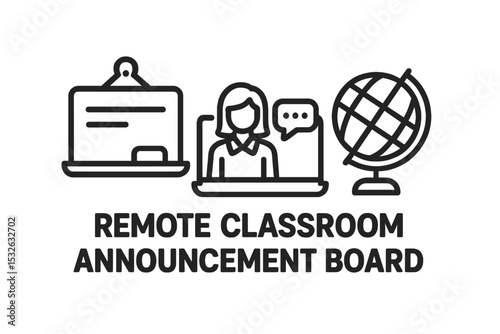 Remote classroom announcement board with female educator and learning icons vector icon illustration