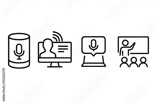 Voice communication icons: smart speaker, video call, messaging, presentation vector icon illustration