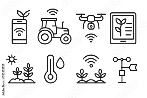 Smart agriculture icons: drone, tractor, smartphone, tablet, thermometer, weather vane vector icon illustration